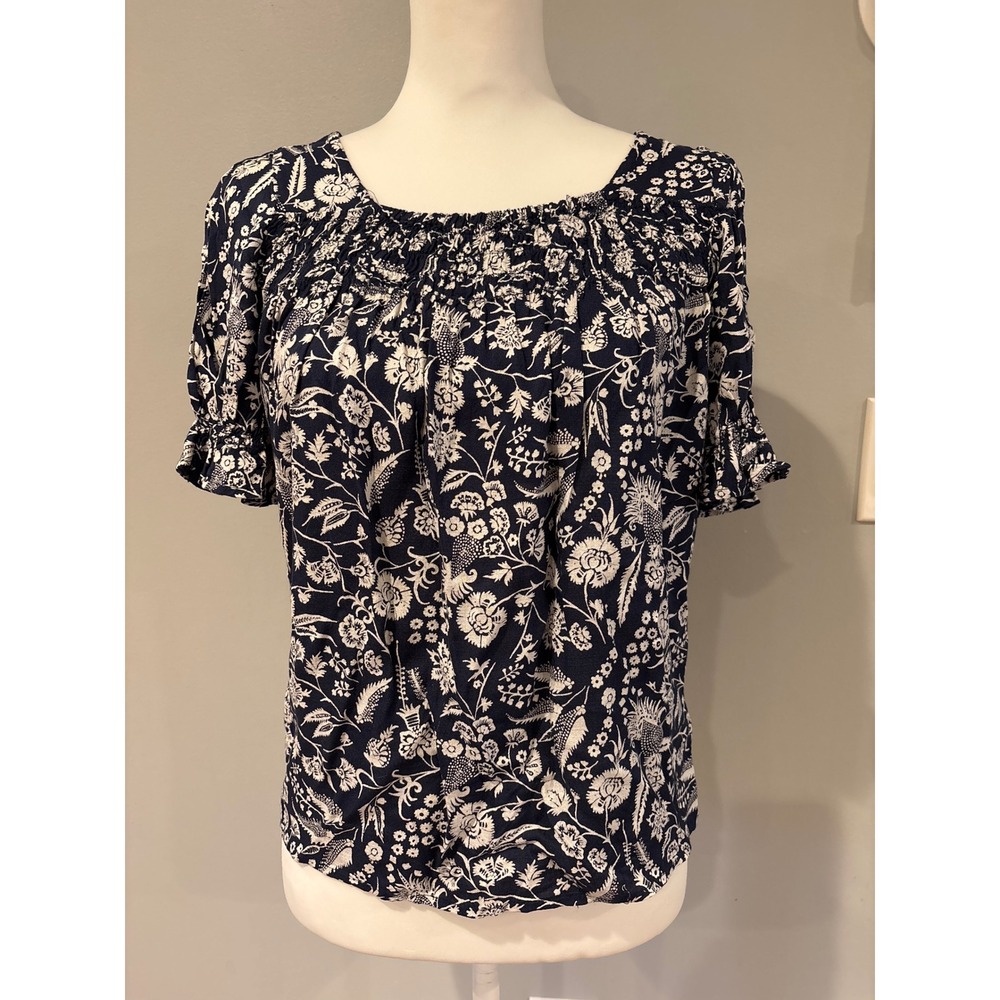 Lucky Brand Navy Blue Floral Smocked Square Neck Puff Sleeve Blouse Womens XS